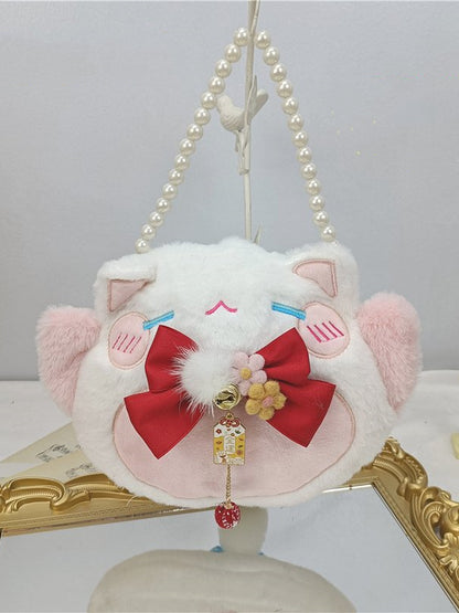 Red / Light Blue Bowknot Details Plush Lucky Cat Tote Bag