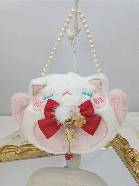 Red / Light Blue Bowknot Details Plush Lucky Cat Tote Bag