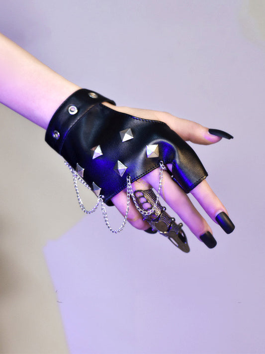 Studs and Chain Decorative Rock Black PU Gloves