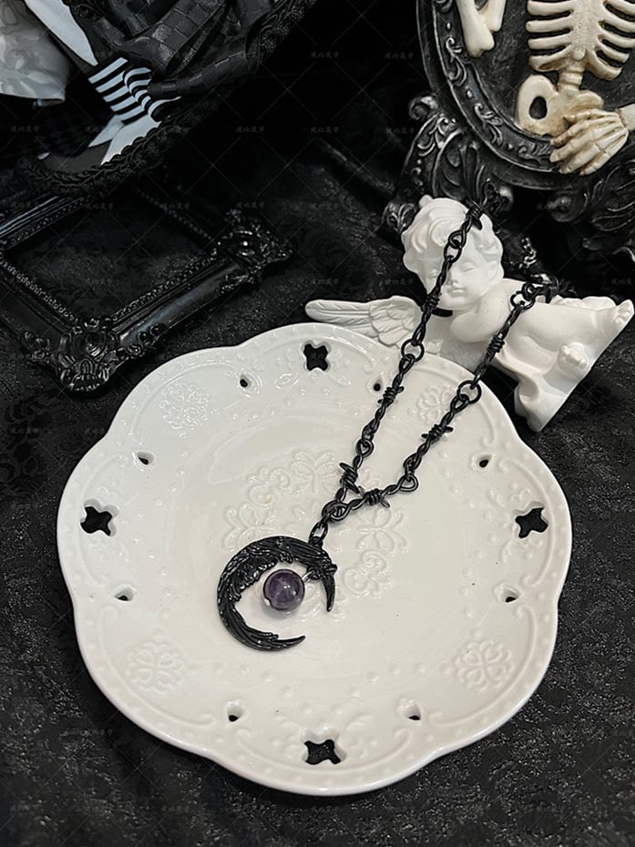 Black Thorn Design Moth / Moon Pendant Necklace