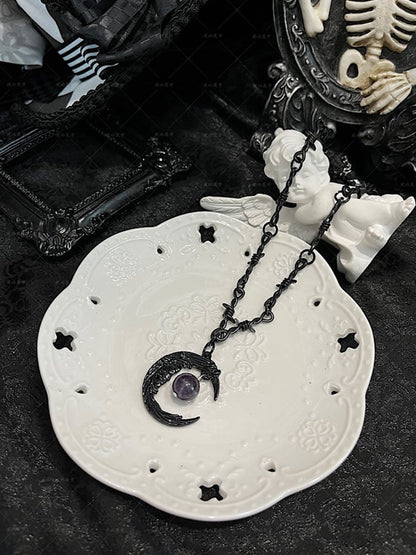 Black Thorn Design Moth / Moon Pendant Necklace