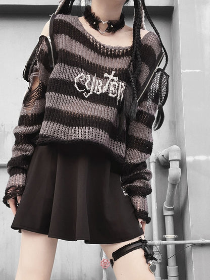 Punk Dark Gray Zip Design Striped Pattern Sweater