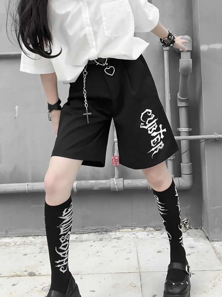 Letters Ink-jet Design Black High Waist Shorts