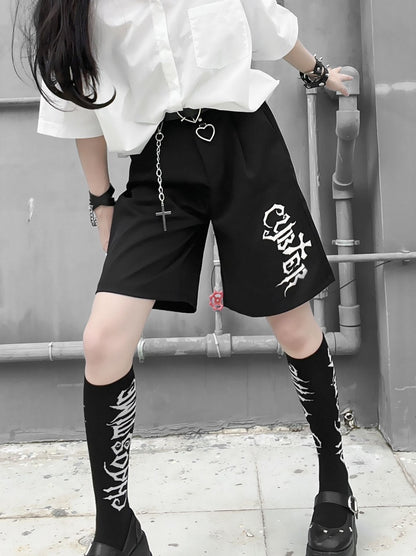 Letters Ink-jet Design Black High Waist Shorts