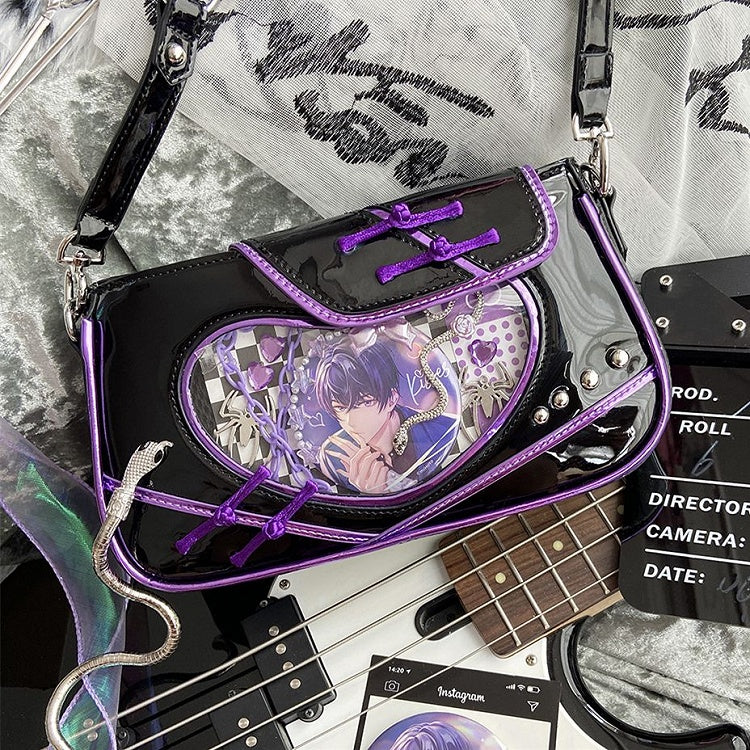 Heart Window Black and Purple Ita Shoulder Bag Knot Buttons Design