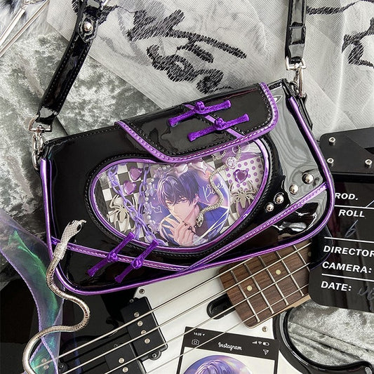Heart Window Black and Purple Ita Shoulder Bag Knot Buttons Design