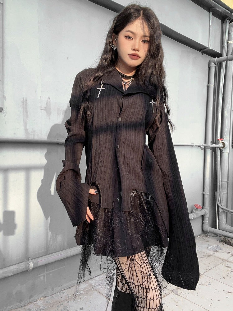 Cross Decorative Irregular Hem Punk Black Shirt