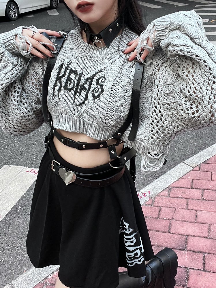 Punk Round Neck Distressed Cropped Sweater