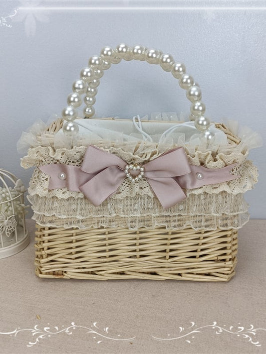 Pink/Green Bow Lace Trim Woven Basket with Beads Handle