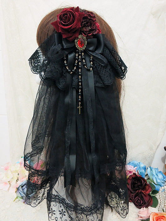 Clearance-Black and Red Bead Chain Decorated Rose Floral Veil