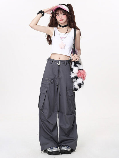 Gray Techwear Wide-leg Cargo Pants with Butterfly Waist Chain