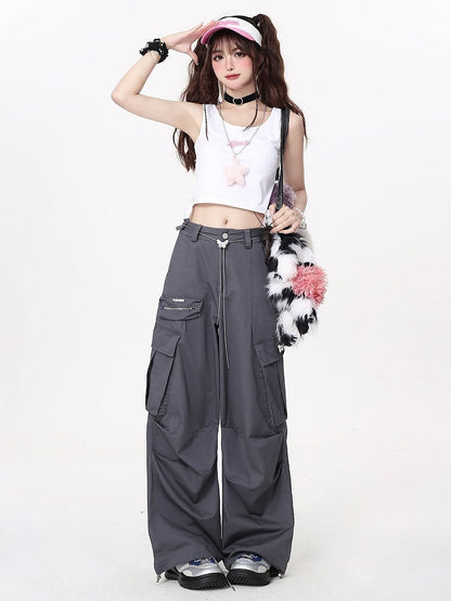 Gray Techwear Wide-leg Cargo Pants with Butterfly Waist Chain