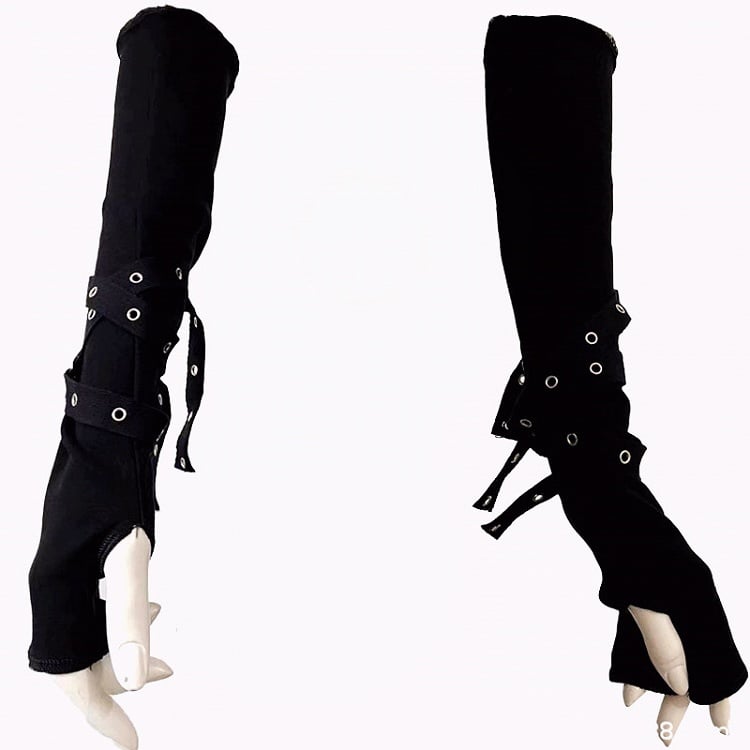 Straps Design Gothic Black Long Gloves