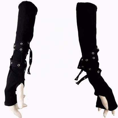 Straps Design Gothic Black Long Gloves