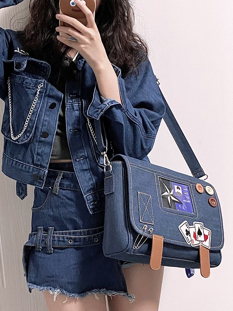 Buttons Decorated Dark Blue Denim Ita Bag