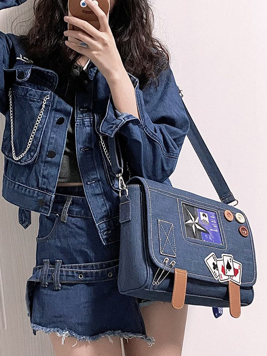 Buttons Decorated Dark Blue Denim Ita Bag