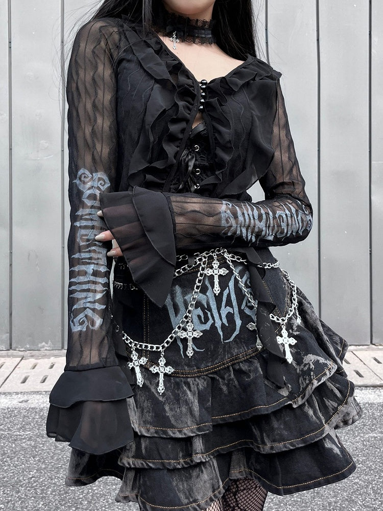 Black Semi-sheer Chiffon Ruffles Crop Top Music Festival Outfits