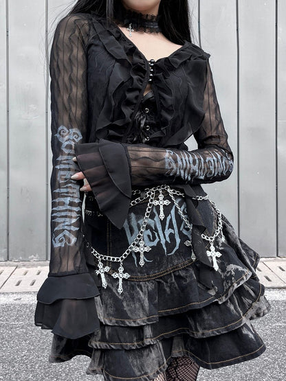 Black Semi-sheer Chiffon Ruffles Crop Top Music Festival Outfits