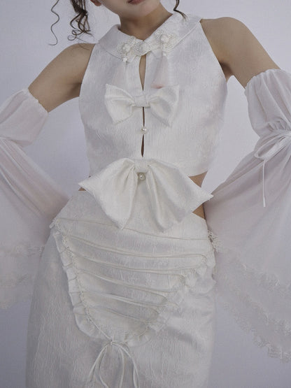 White Detachable Sleeveless Dress and Sleeves Set