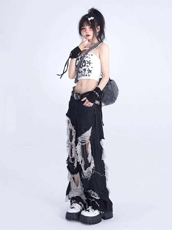 Distressed Holes Design Raw Fringes Black Jeans
