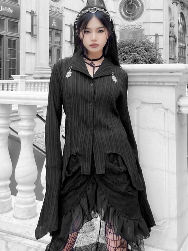 Punk Irregular Hem Black Shirt