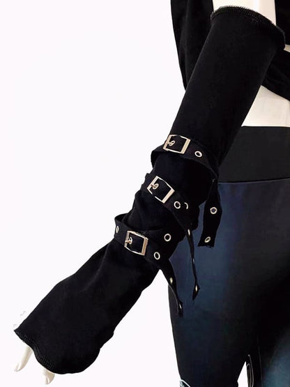 Straps Design Gothic Black Long Gloves