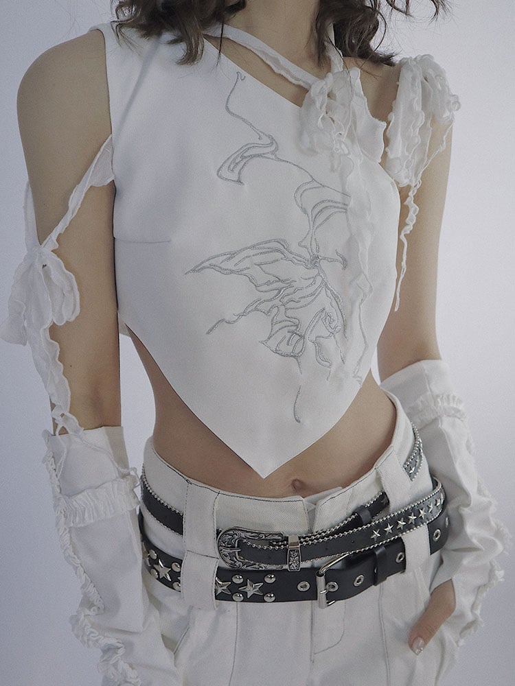 Butterfly Embroidery White Top Selt-tie Straps