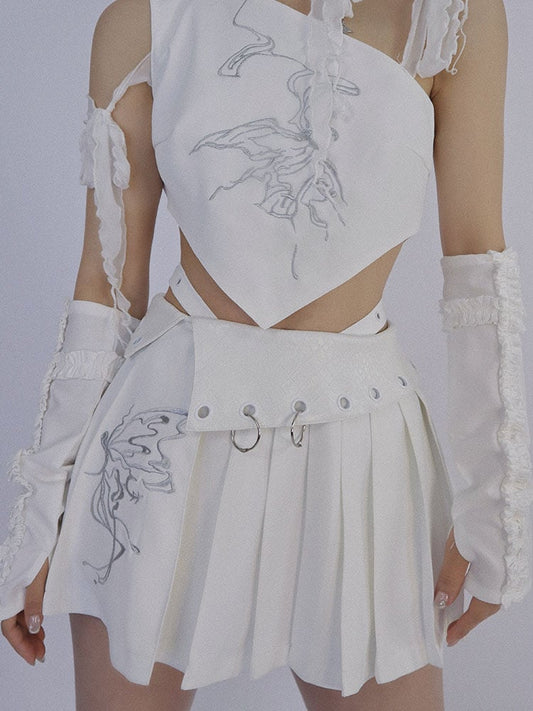 Butterfly Embroidery White Pleated Skirt