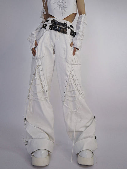 Lace-up Details White Denim Pants Double Waistband (Waistbelts Not Included)