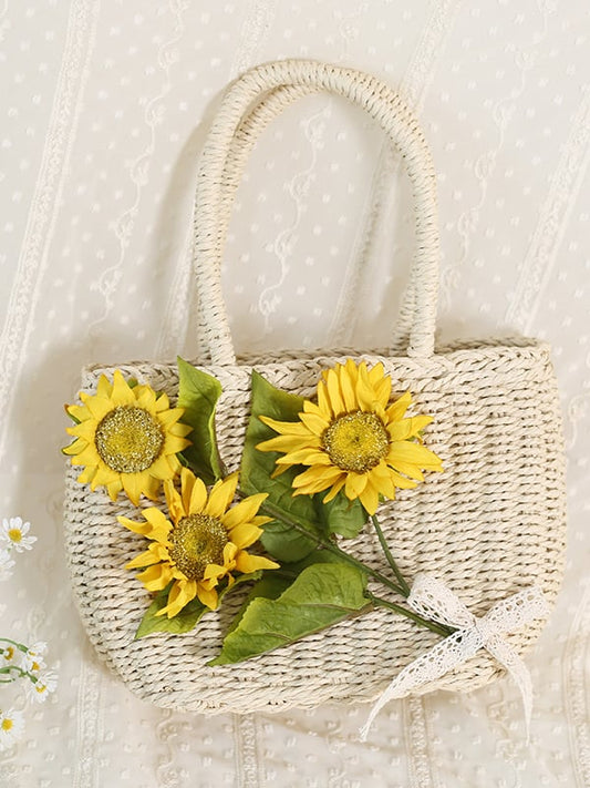 Sunflower Design Floral Straw Tote Bag
