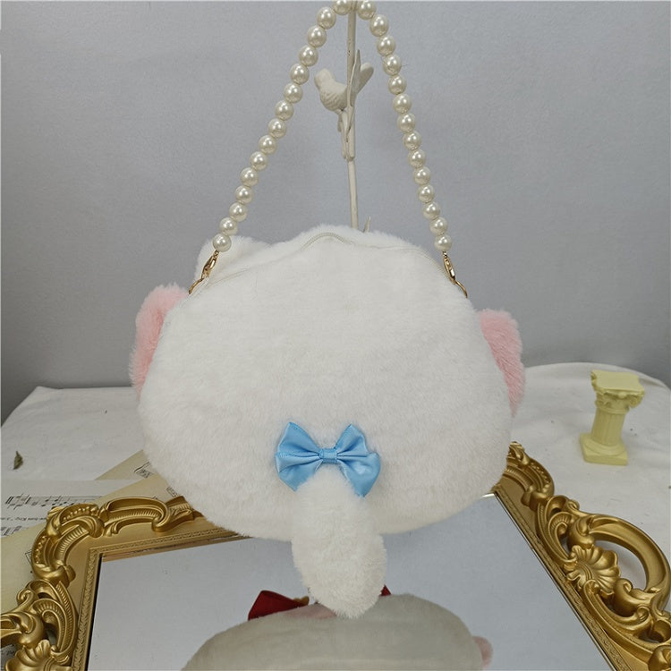Red / Light Blue Bowknot Details Plush Lucky Cat Tote Bag