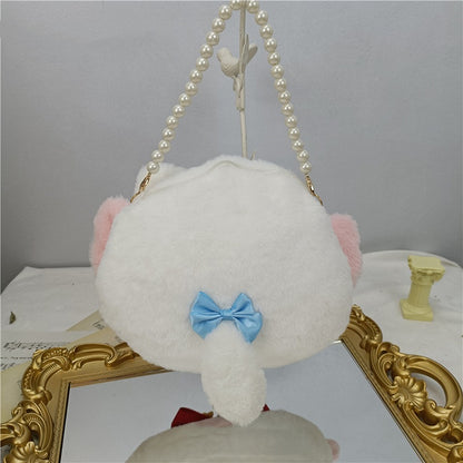 Red / Light Blue Bowknot Details Plush Lucky Cat Tote Bag