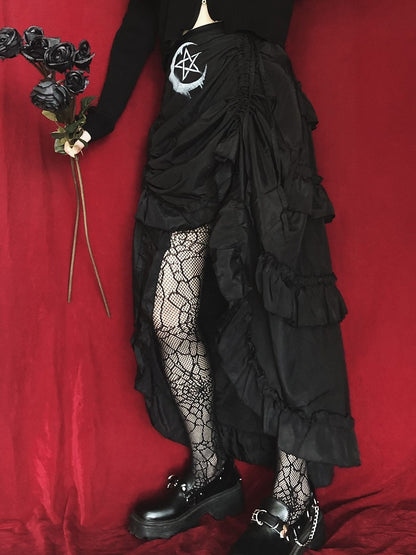 Drawstring Hem Punk Black Ruffles High-low Skirt