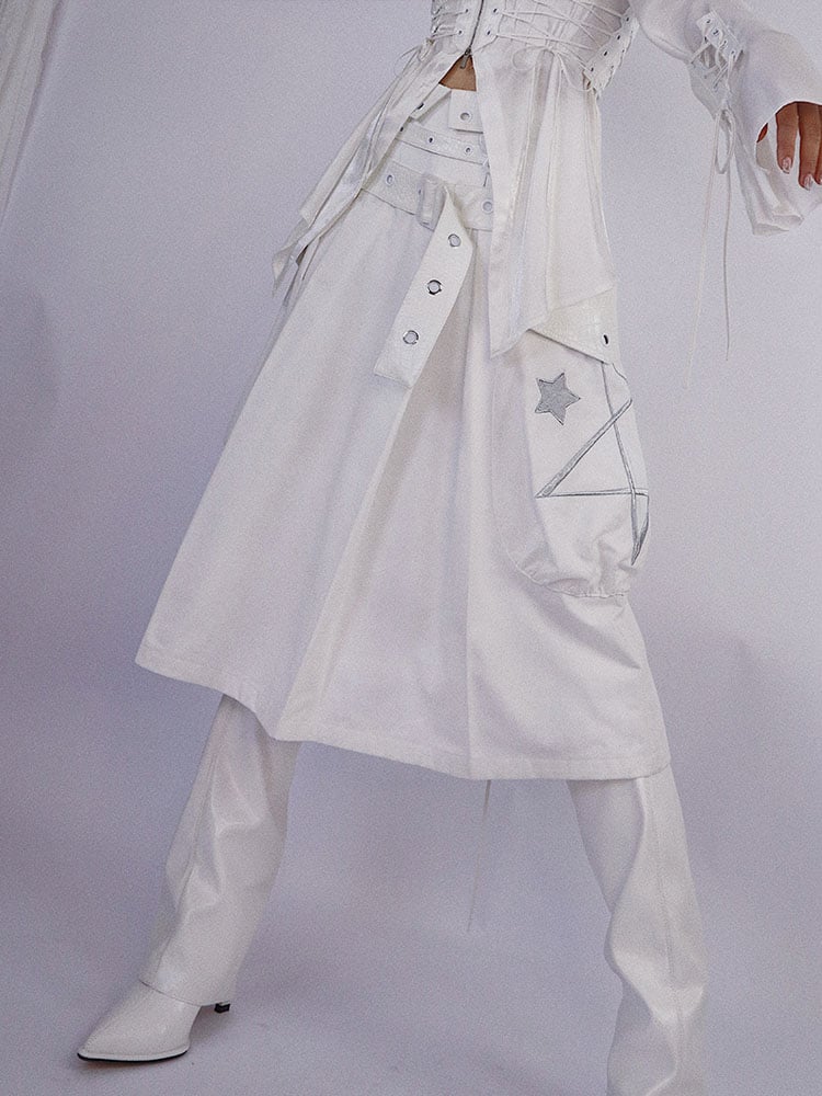 White Box Pleat Long Skirt Star Embroidery Pockets
