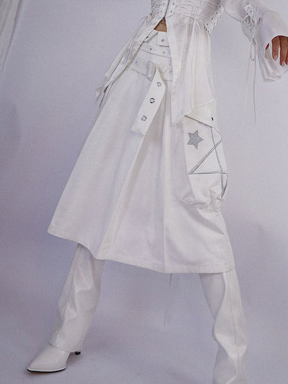 White Box Pleat Long Skirt Star Embroidery Pockets