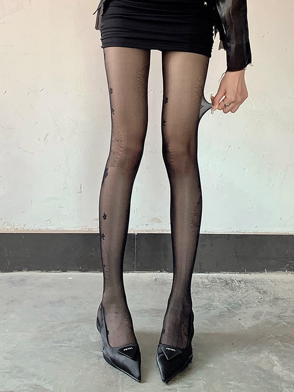 Rose Pattern Black/Milk White Tattoo Pantyhose