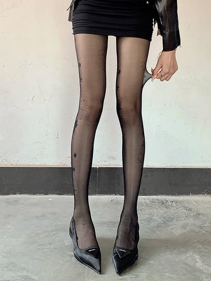 Rose Pattern Black/Milk White Tattoo Pantyhose
