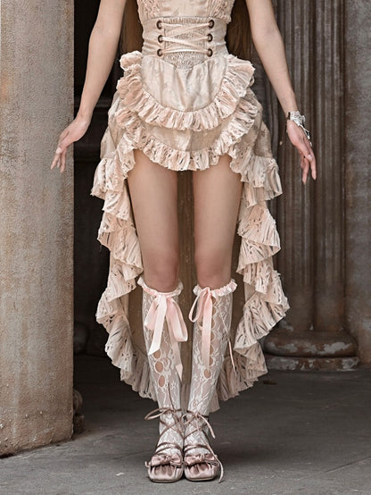 Champagne High Waist Ruffles Train High-low Skirt with Floral Pattern