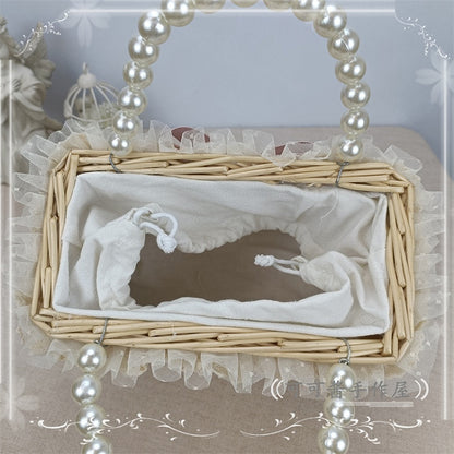 Pink/Green Bow Lace Trim Woven Basket with Beads Handle