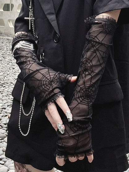 Punk Spider Web Design Black Long Half Finger Gloves