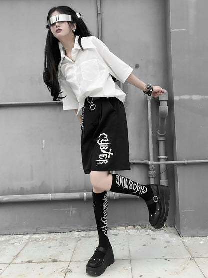 Letters Ink-jet Design Black High Waist Shorts