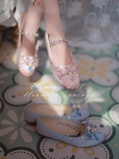 Clearance-Size 43 Roses Design Satin Pink Ballerina Flats with Butterflies Ribbons