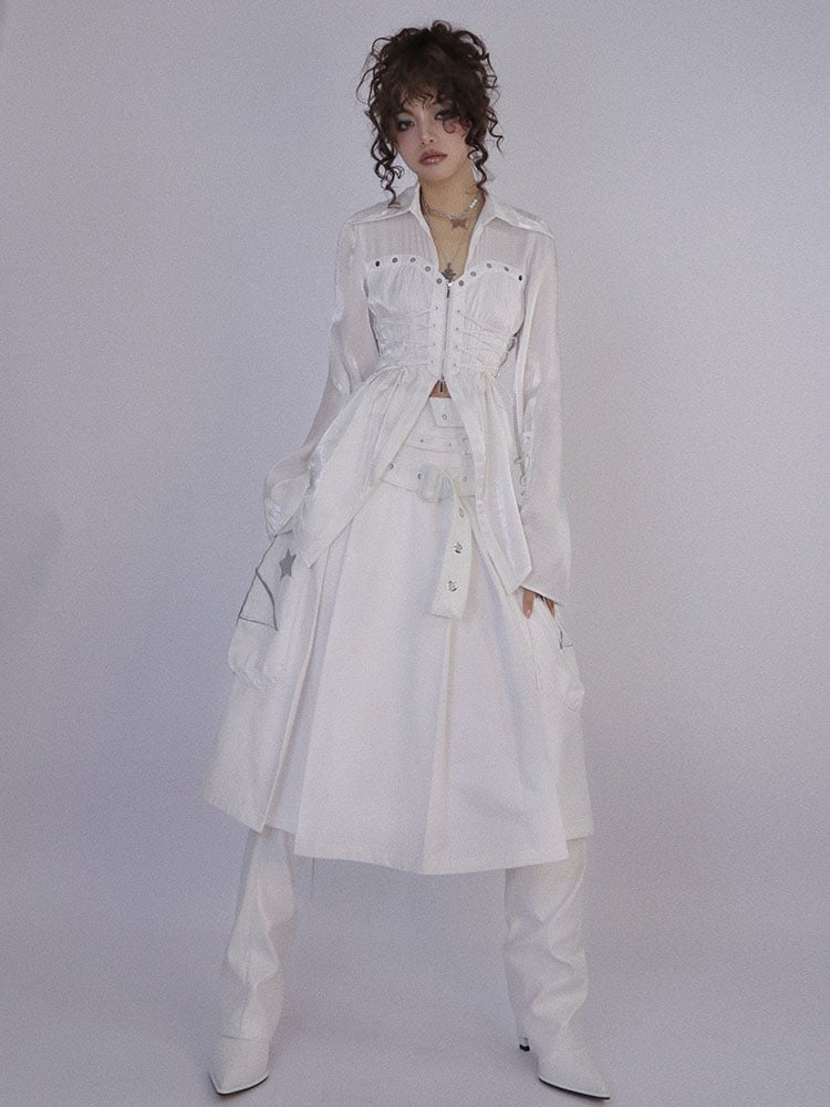 White Box Pleat Long Skirt Star Embroidery Pockets