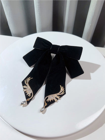 Wing-shaped Rhinestone Decorative Bow Tie Wine Red/ Black/ Dark Green with Pin