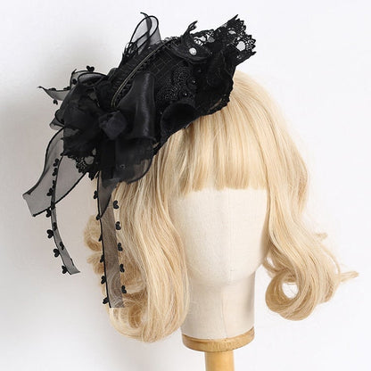 Black Vintage Bowknots Lace Trim Beaded Mini Hat
