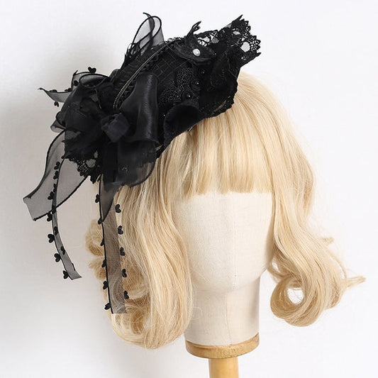 Black Vintage Bowknots Lace Trim Beaded Mini Hat
