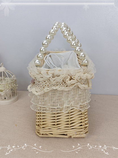 Pink/Green Bow Lace Trim Woven Basket with Beads Handle