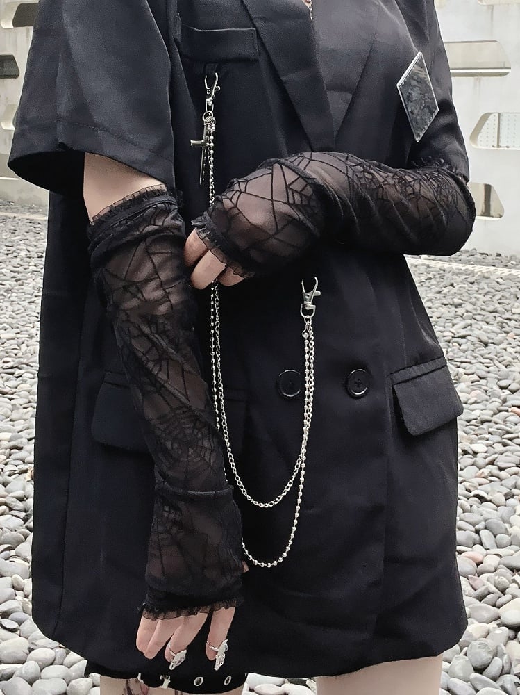 Punk Spider Web Design Black Long Half Finger Gloves