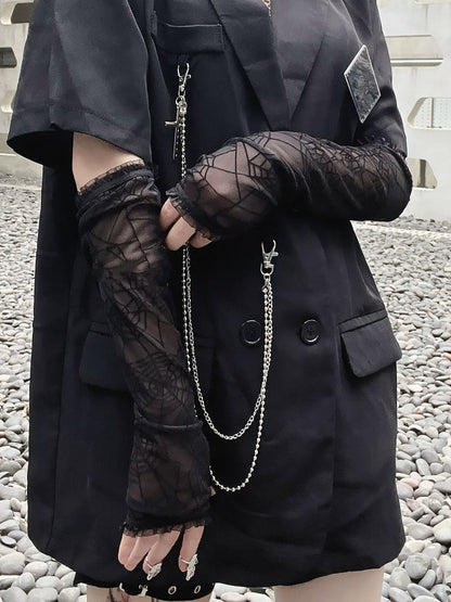Punk Spider Web Design Black Long Half Finger Gloves