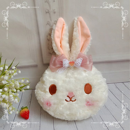 Bowknot Detail Milk White Plush Rabbit Head Crossbody